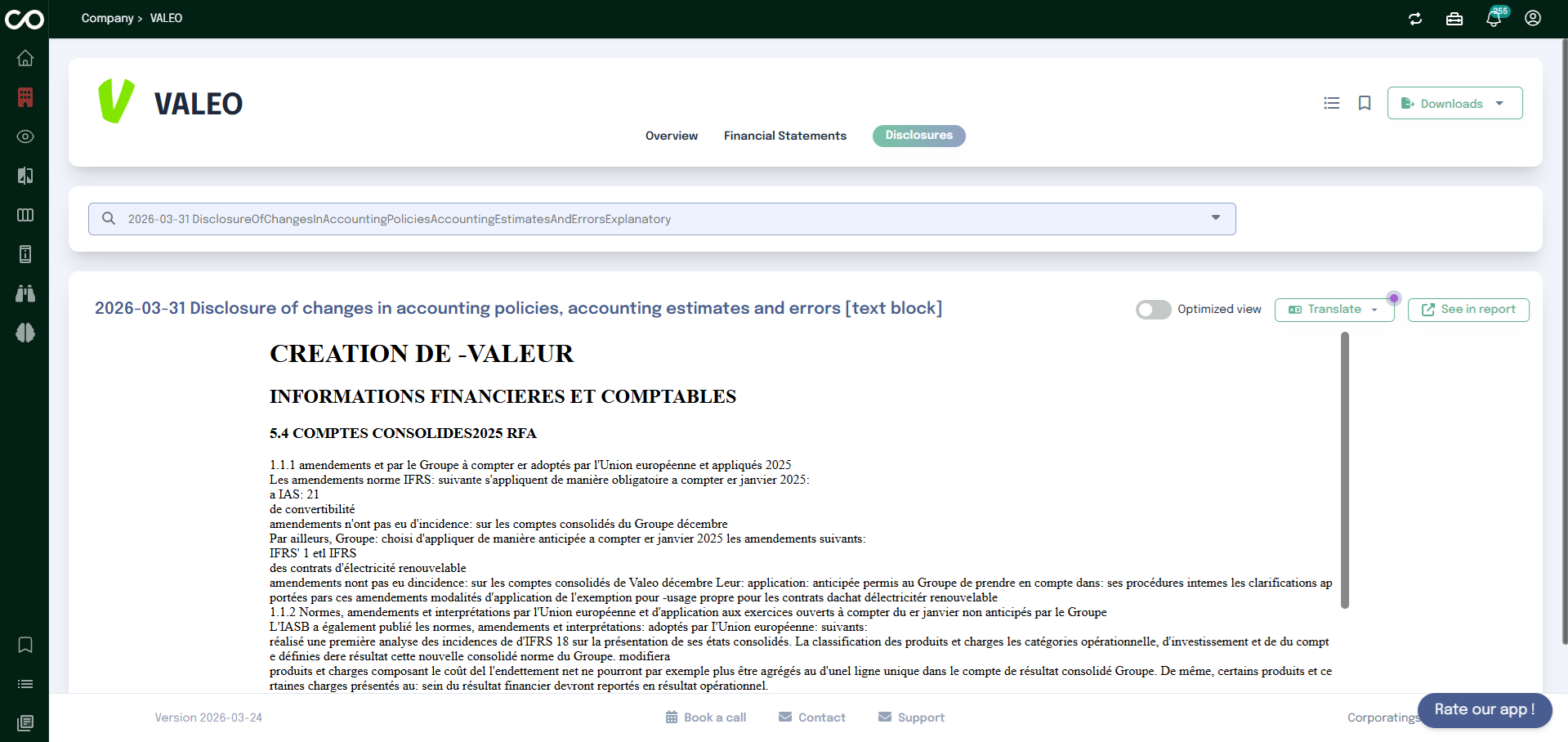 Company page – Disclosures tab with search, disclosure text, Translate and See in report