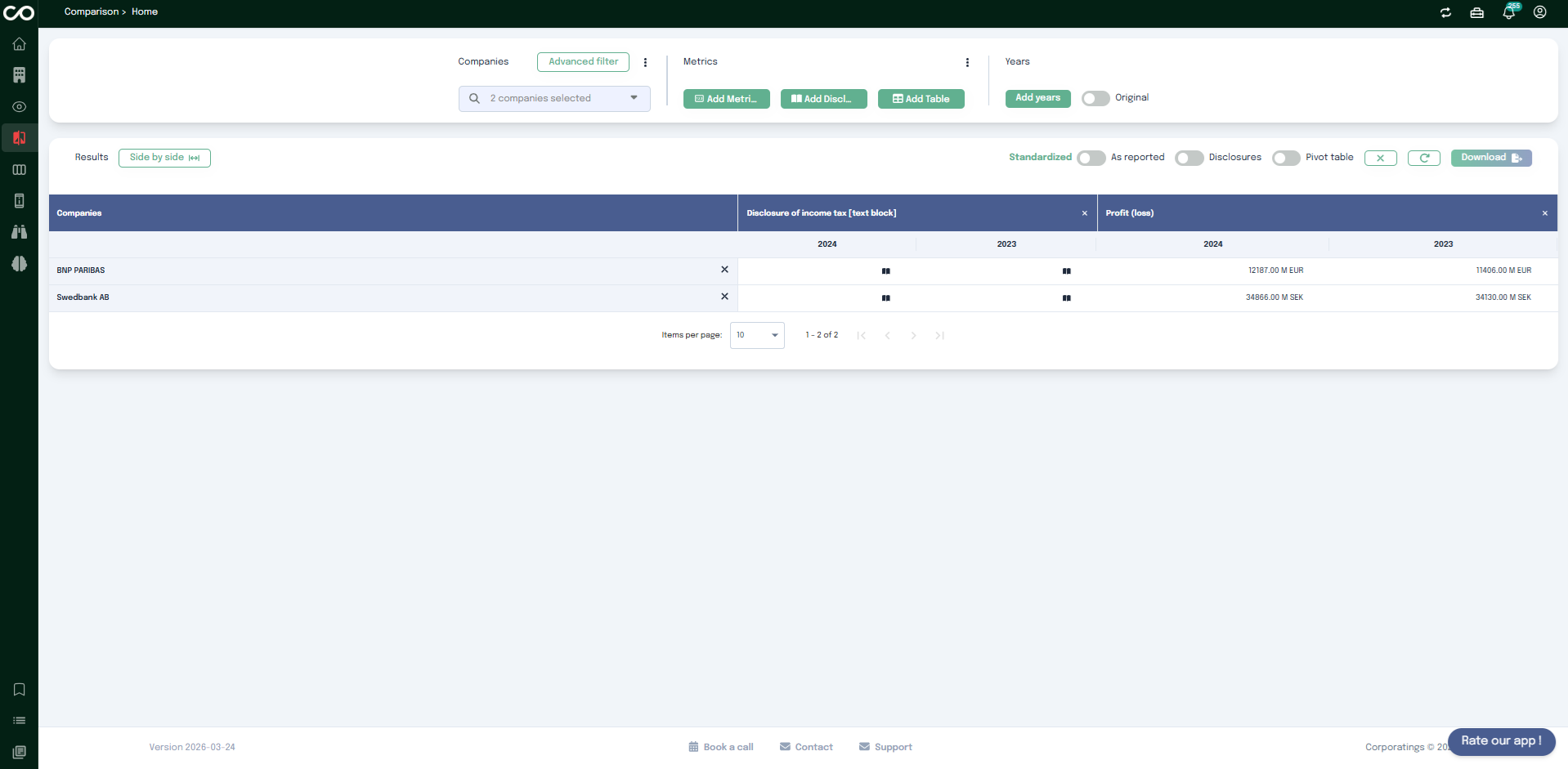Comparison page -  metric and disclosure