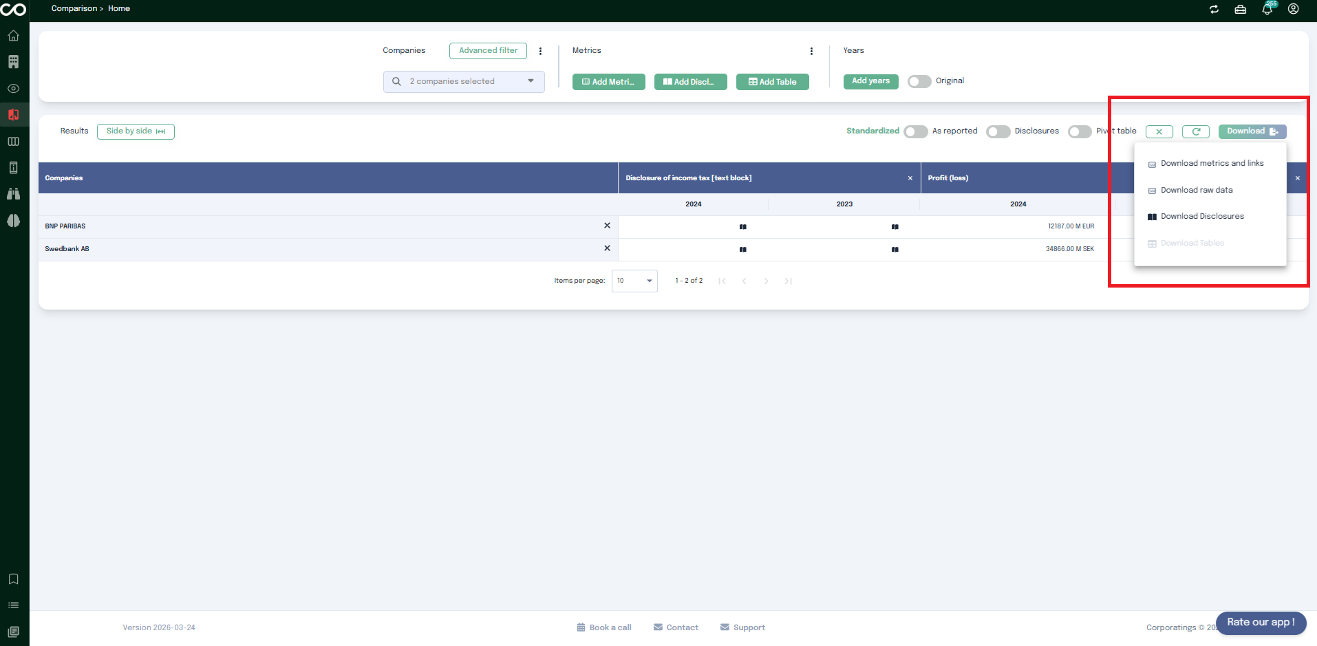 Comparison page -  download results