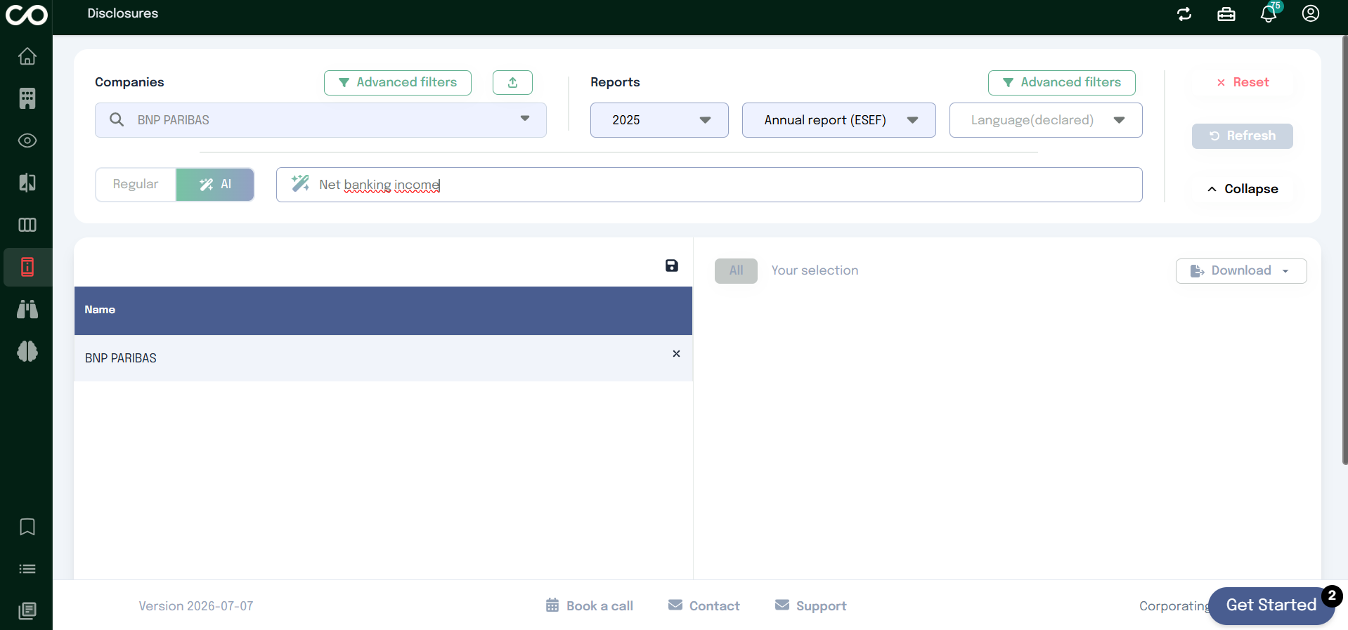 Disclosures page – company and report selection