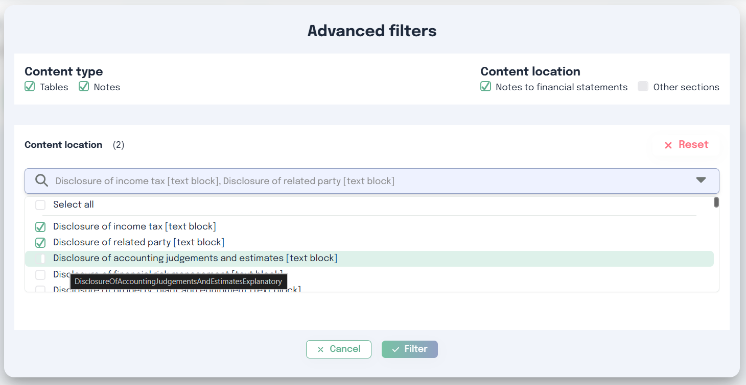 Disclosures page – advanced filters modal