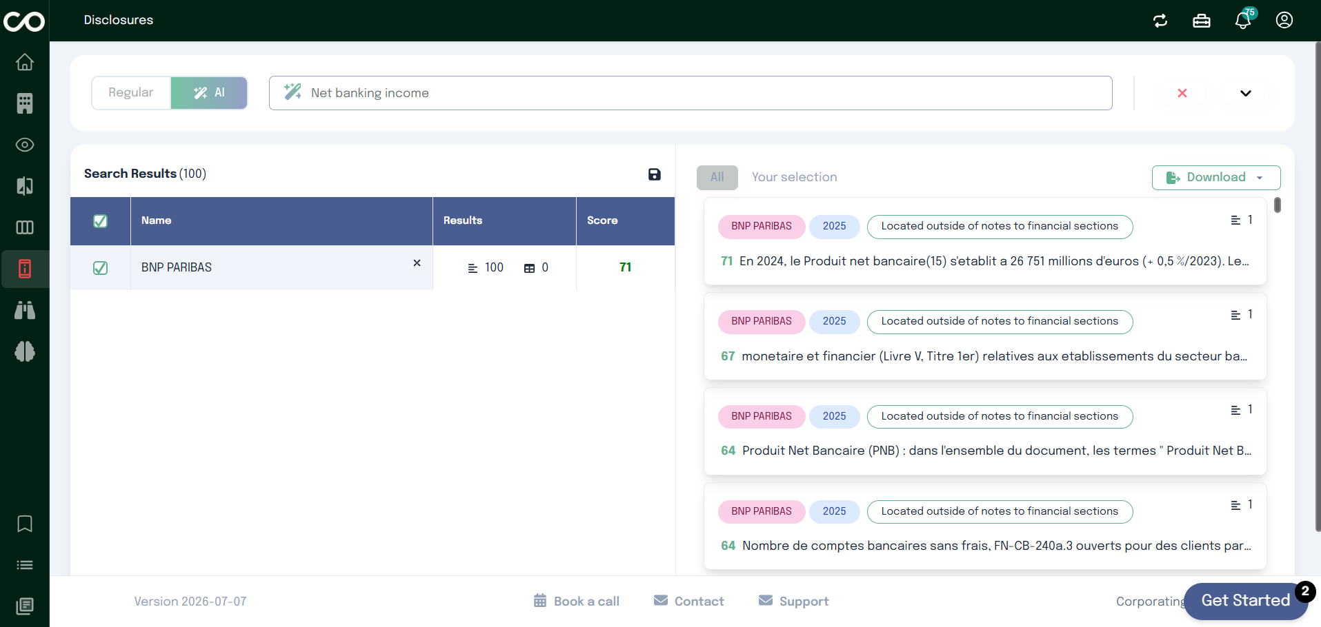 Disclosures page – search results