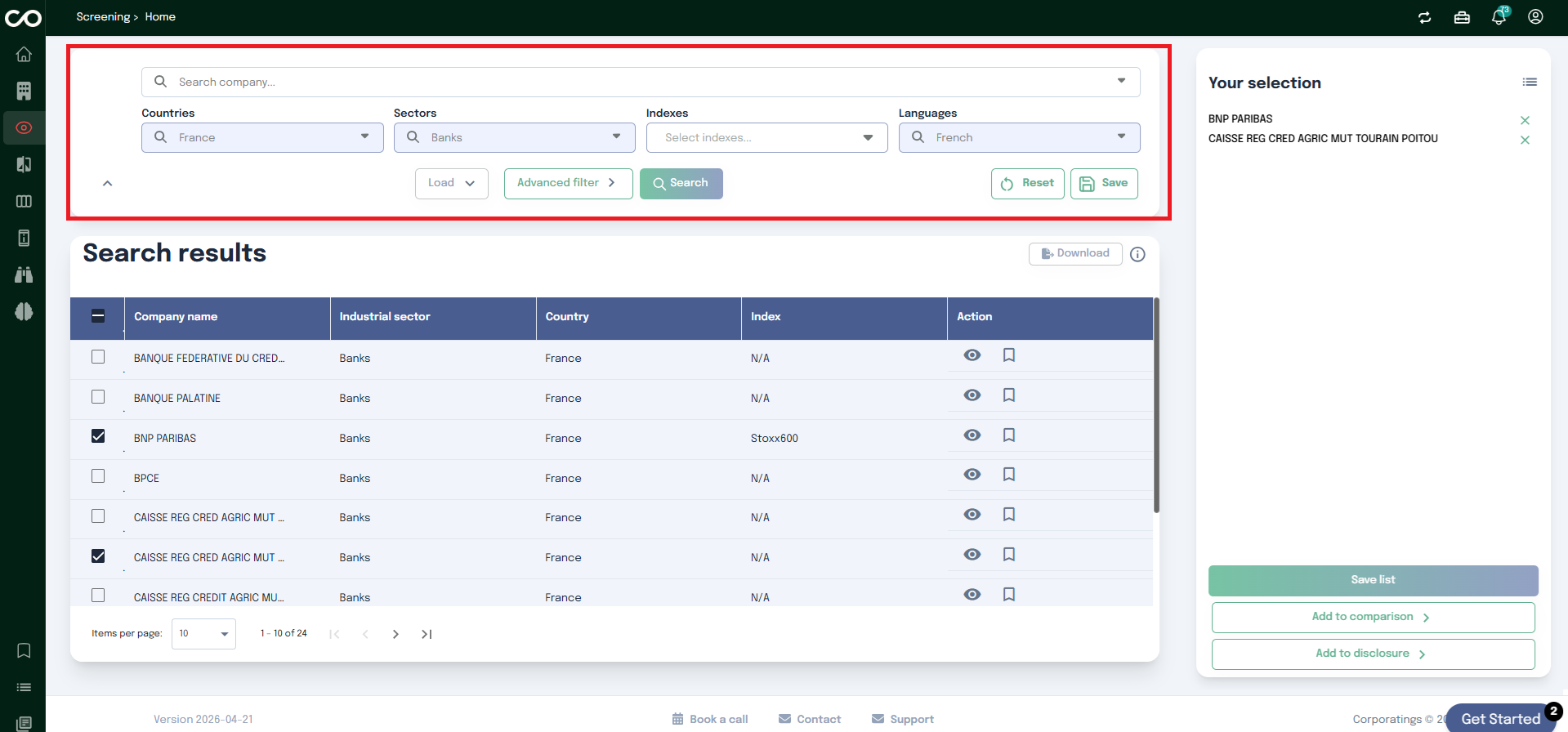 Screening Page - Filters