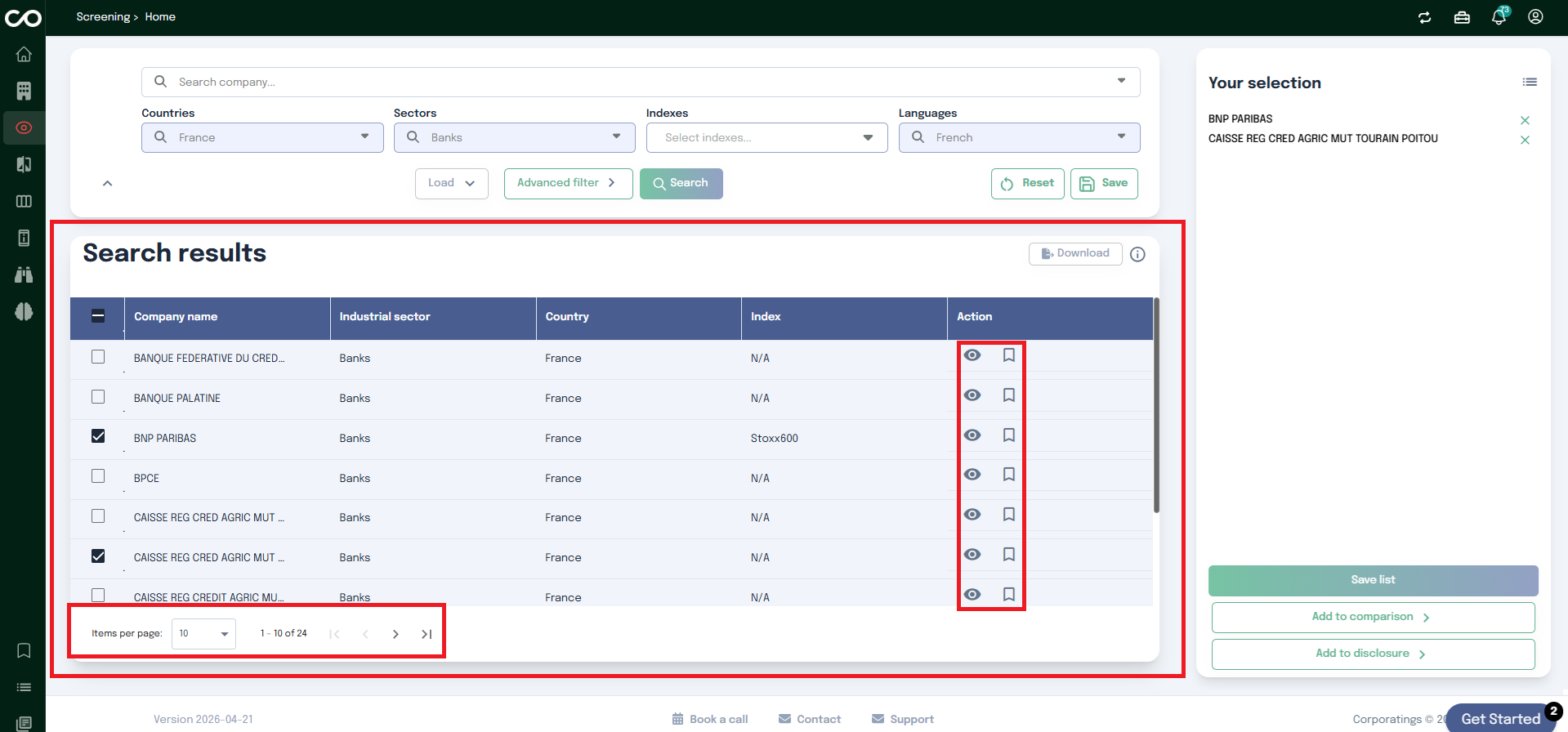 Screening Page - Result