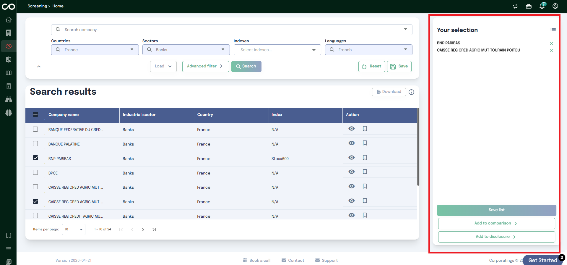 Screening Page - Selection